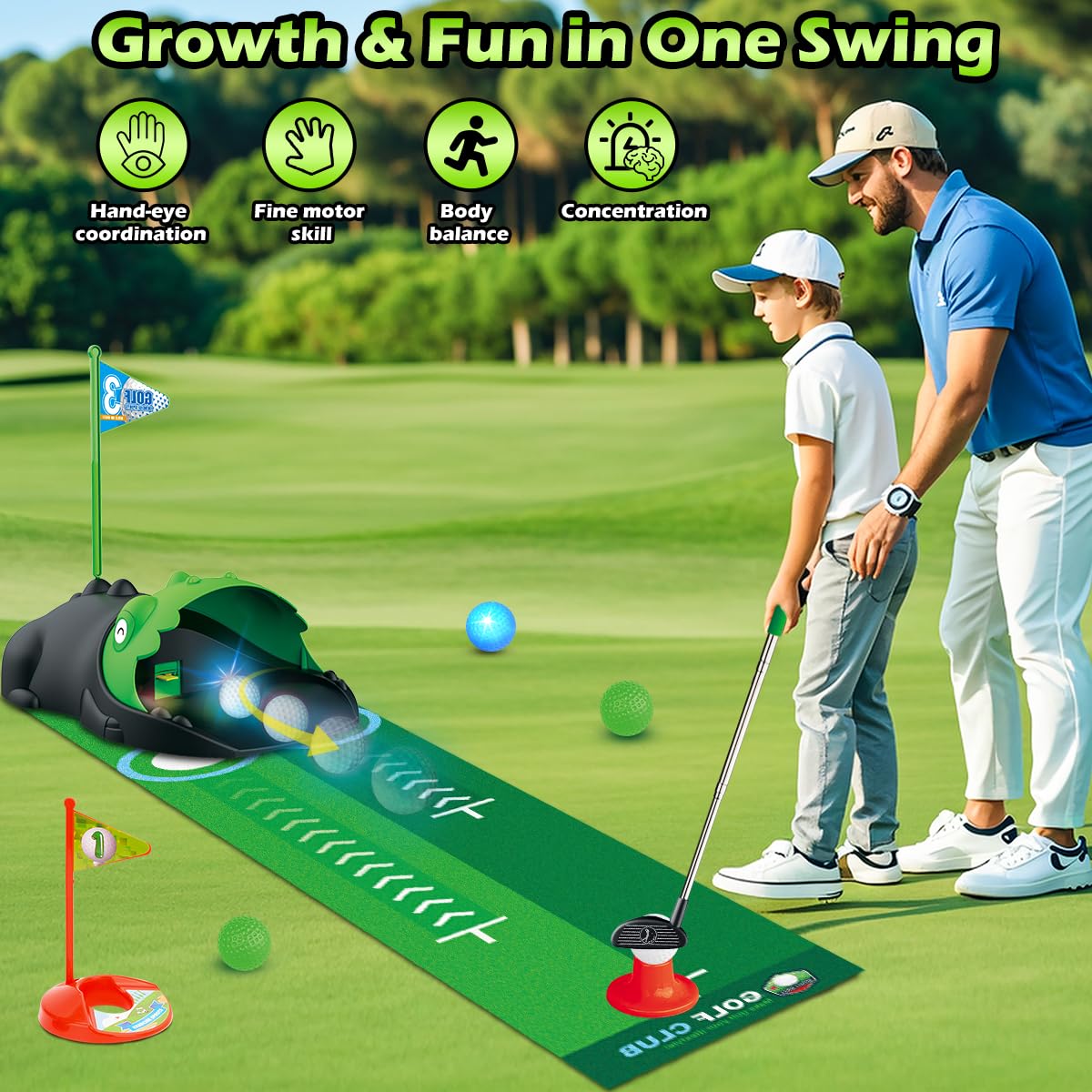 Clemas Jeux de Golf pour Enfants avec Retour Automatique de Dinosaure, Balles de Golf Nocturnes Lumineuses à LED,3 Clubs,3 à 8 Mini Golf, Jouets de Sport d'intérieur et d'extérieur garçons Filles
