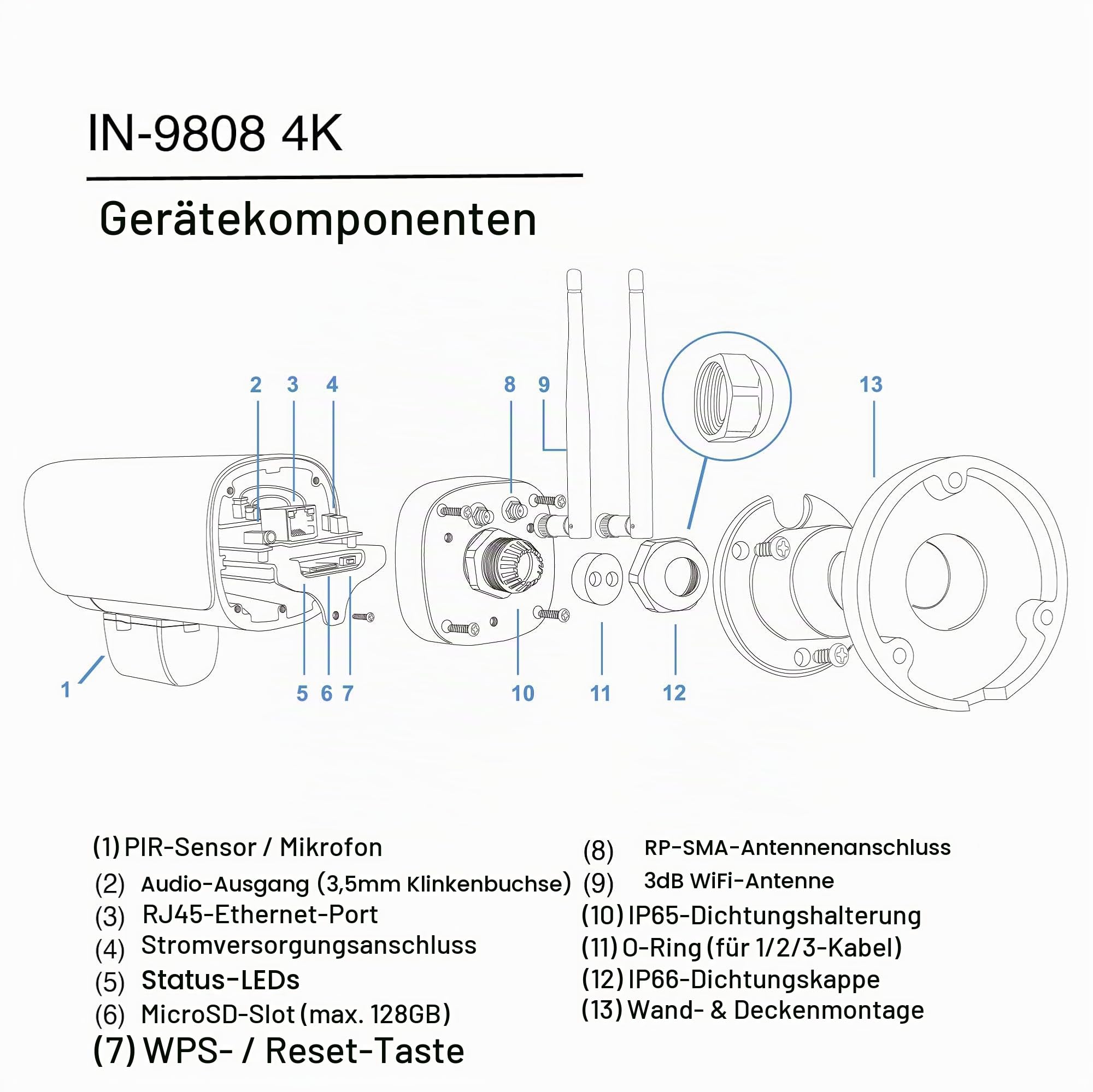 INSTAR IN-9808 4K Überwachungskamera Außen weiß, LAN/WLAN/PoE, HomeKit Secure Video, AI-Personenerkennung, IR-Nachtsicht, Mikrofon, Audio, PIR, RTSP, WPA3, MQTT, NDAA/TAA