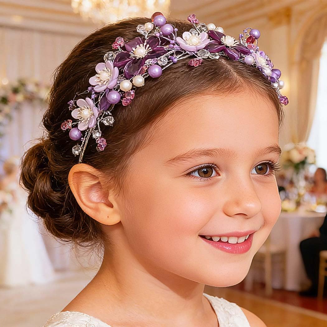 Campsis Flower Girls Hair Accessory Purple Floral Headpiece Pearl Wedding Bridal Headband for Women image 3