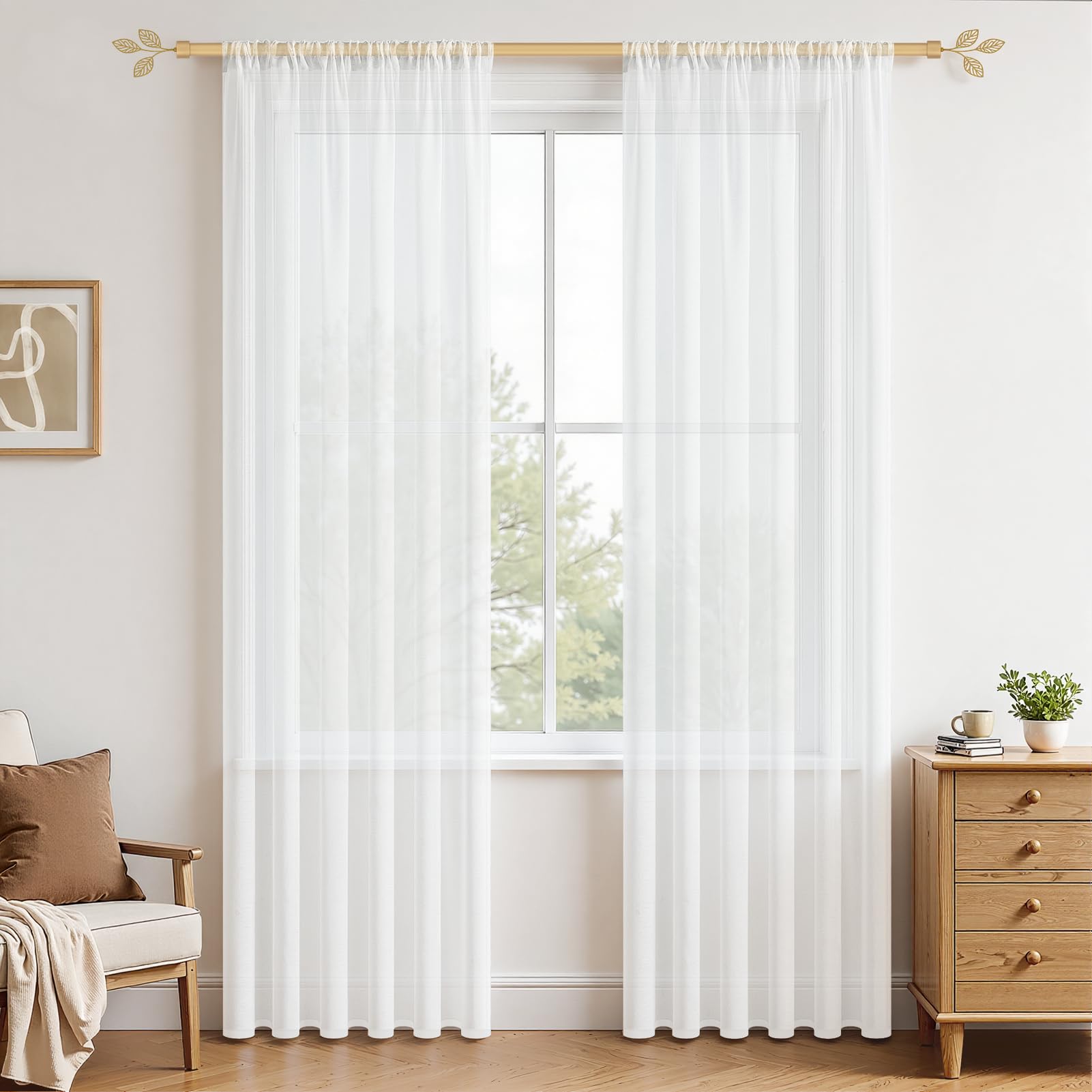 MRTREES Cortinas de Gasa Blancas traslúcidas caída 2 Paneles de Cortina de Gasa con Bolsillo para Barra para Puerta y Dormitorio, 142X206 cm
