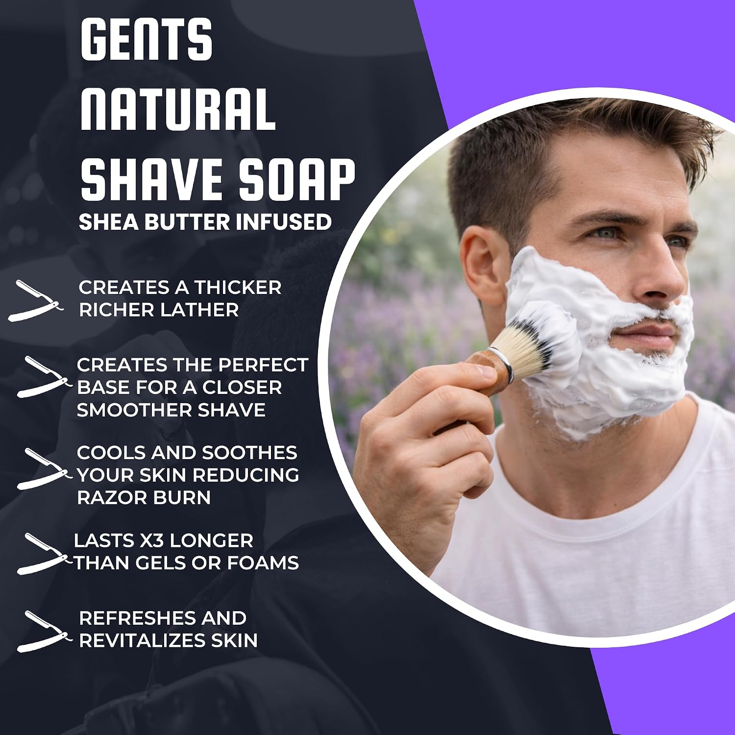 GENTS Men's Lavender and Citrus Shaving Soap 97 Percentage All Natural Enriched with Shea Butter and Glycerin, 3-Ounce, Pack of 1