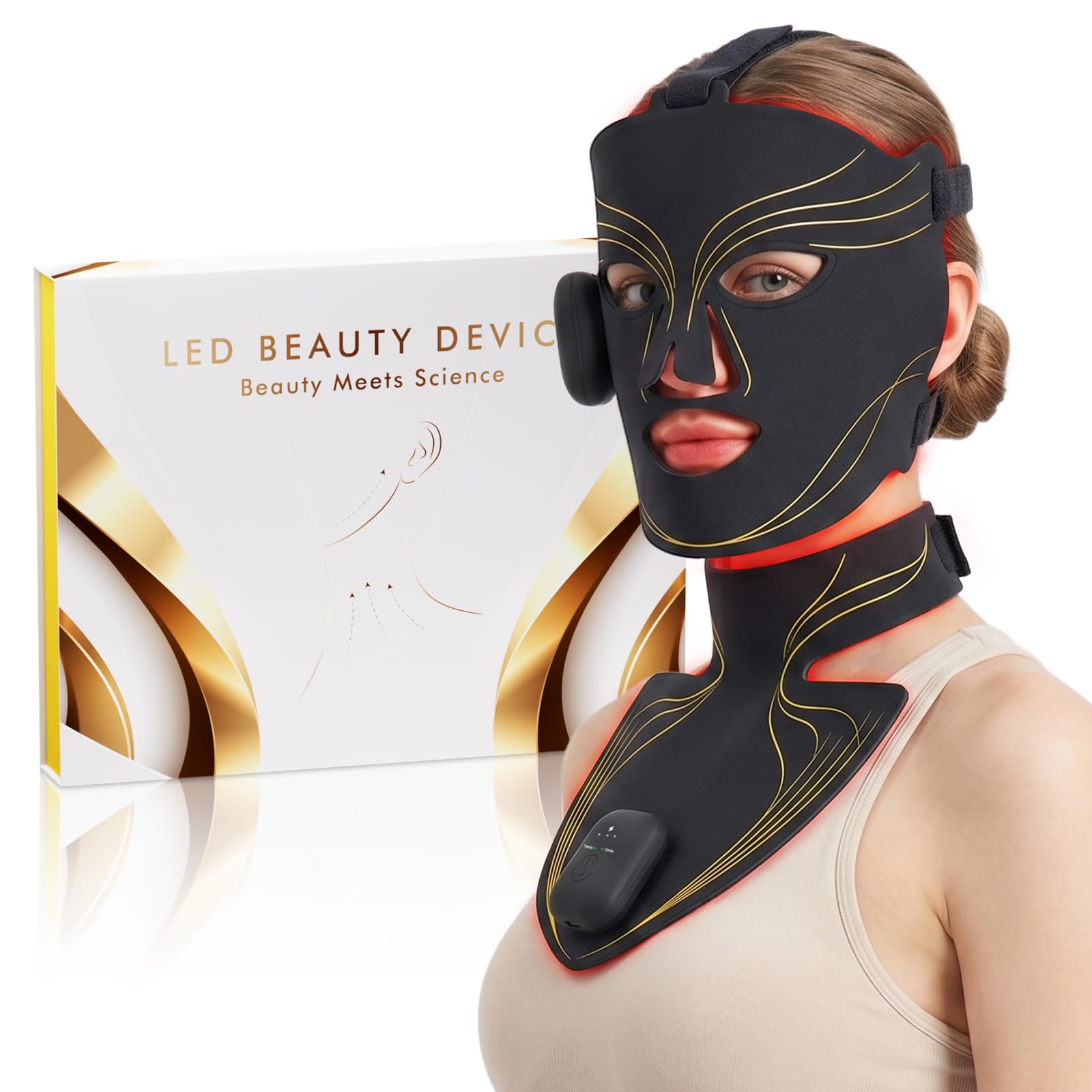 Kabellose LED Maske Gesicht Set, Silikon Rotlicht Maske Gesicht mit 2 Modi, 660nm Rotlicht, 850nm Infrarot, 415nm Blaulicht, 10/15Min Timer, Gesichts&Halsmaske, Red Light Mask Geschenke für Frauen