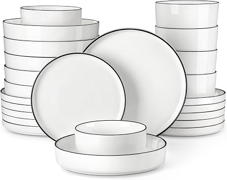 MALACASA Leah Dinner Sets for 6 People, 24 Pieces, White with Black Rim