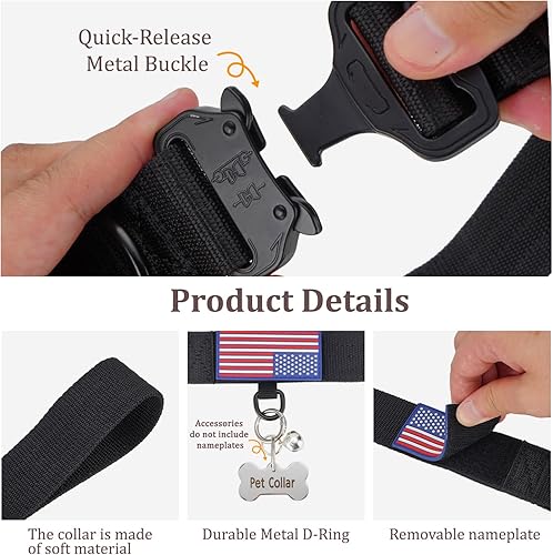 Miniatura 3 de Collar táctico resistente para perro, collar ajustable de nailon para mascotas, hebilla de liberación rápida con 2 anillos en D para perros medianos