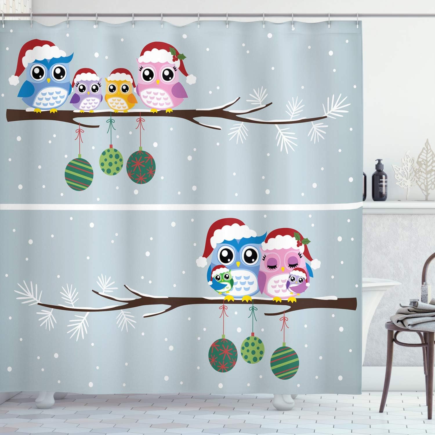 Ambesonne Tree Shower Curtain, Bench in The Snow Between Trees Winter Theme Picture Snowflakes Christmas Season Art, Cloth Fabric Bathroom Decor Set with Hooks, 69" W x 70" L, Taupe White