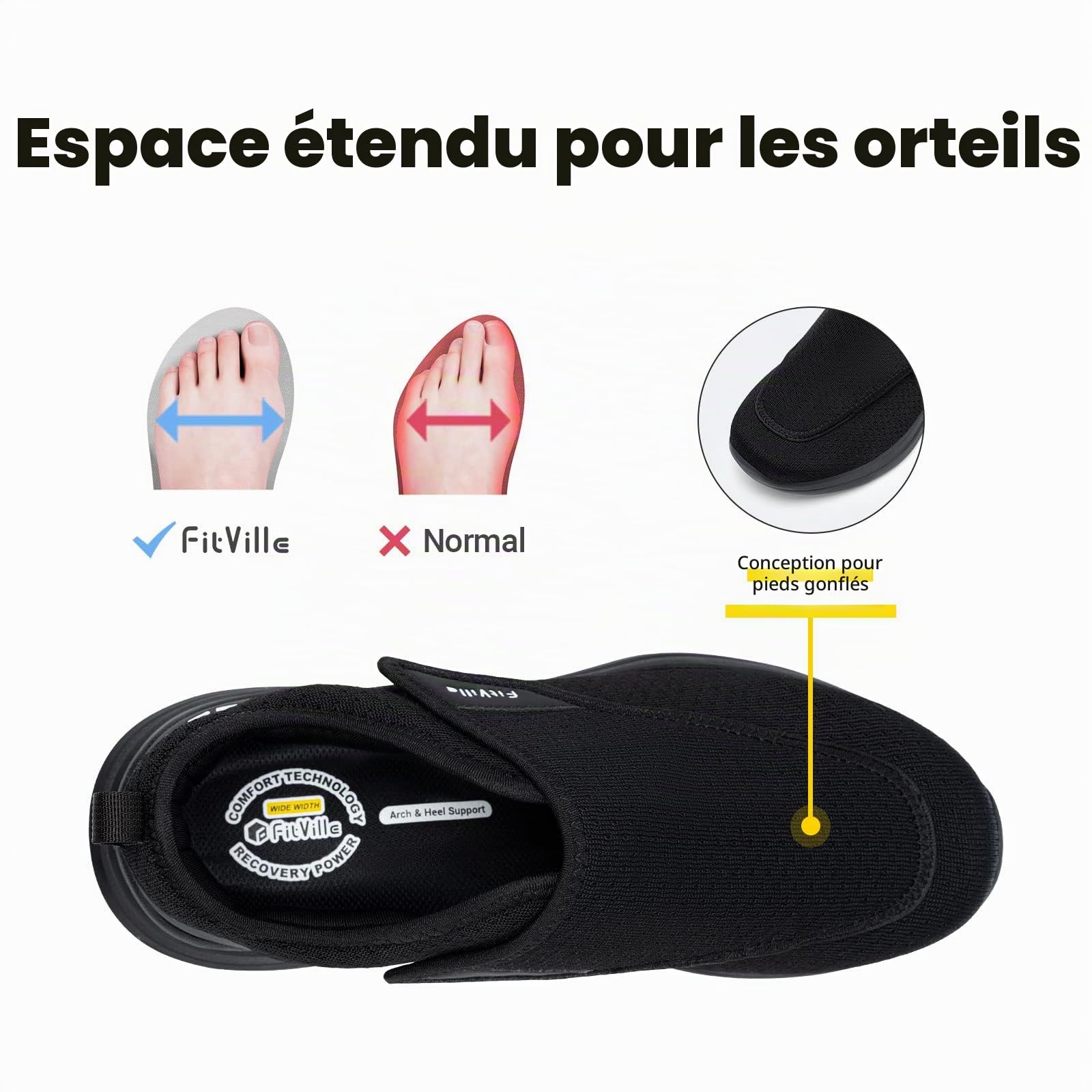 FitVille Chaussures Larges pour Hommes Chaussons Souples Chaussures de Marche Ajustables Scratch, Idéaux pour Pieds Sensibles