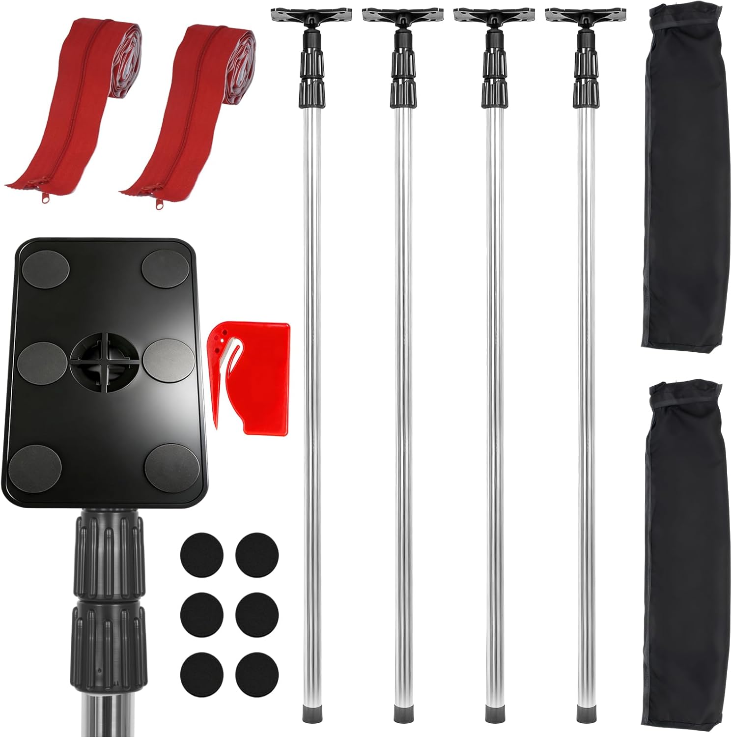 10FT Dust Barrier Poles Kit 4 Pack with 2 Zippers & Carry Bag, Stainless Steel Extendable Zipper Wall Poles for Dust Containment Barriers System, for Construction Renovation and Isolation Work