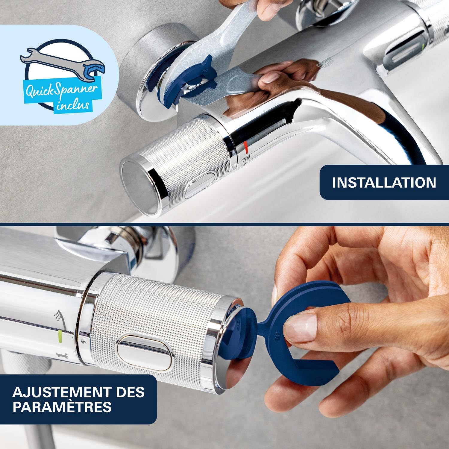 GROHE Mitigeur thermostatique douche Precision Get, montage mural, indicateur de température, filtres intégrés, poignées métalliques, rosaces incluses, chromé, 34773000 (Import Allemagne)