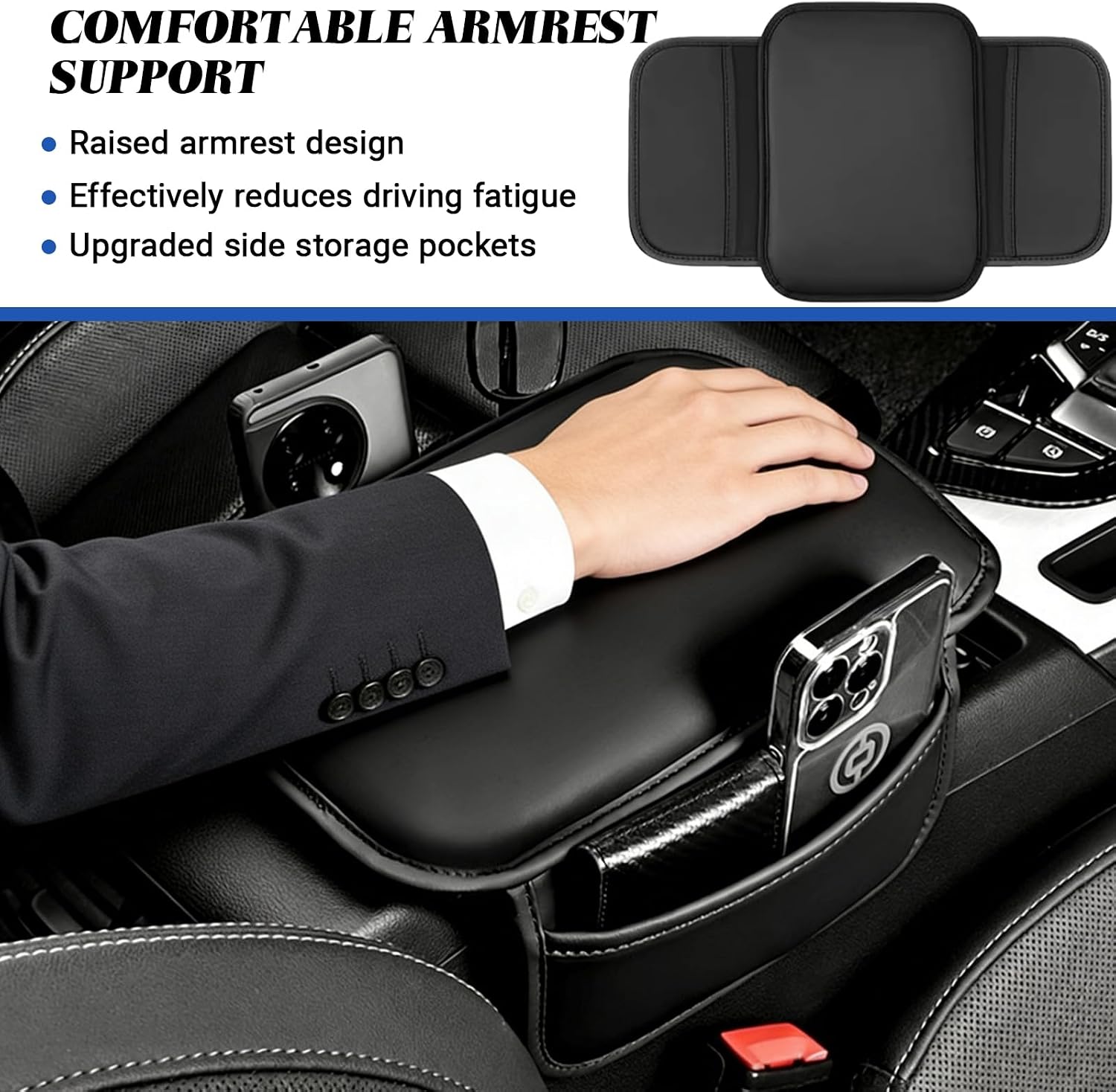Car Center Console Cover with 2 Storage Bag, Leather Console Protector Pad, Car Interior Accessories Universal Car Arm Rest Cover Pad for Car Decoration and Storage, for Most Vehicle (Black)