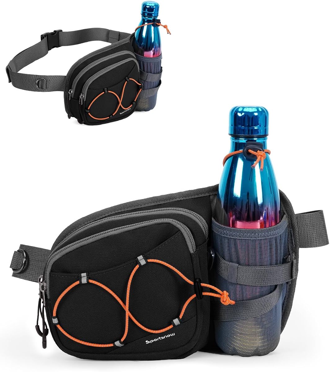 sportsnew Hydration Waist Pack with Water Bottle Holder, 2L Large Fanny Pack for Running Hiking Dog Walking, Water-Resistant Crossbody Waist Bag for Men Women