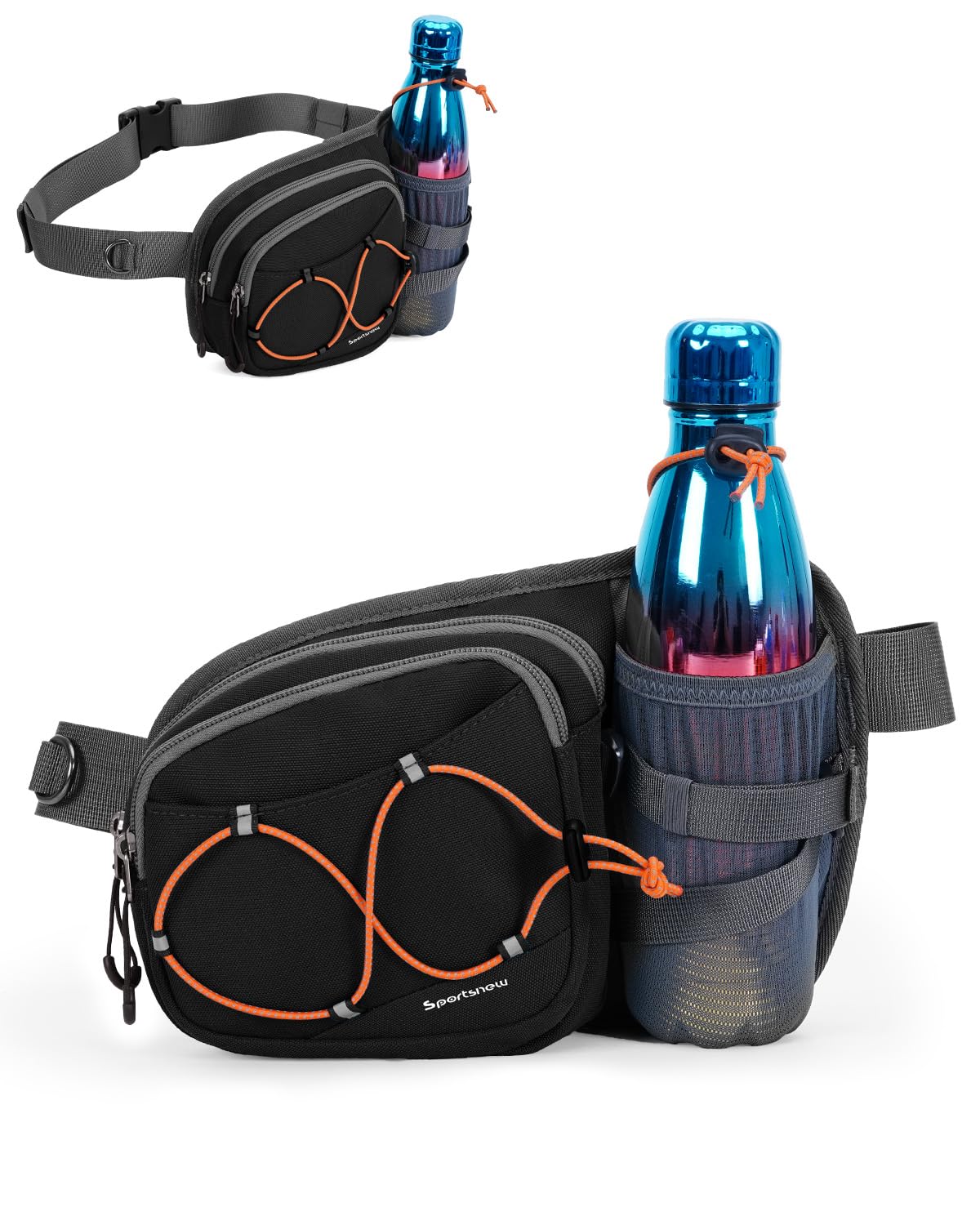 Sportsnew Bum Bag Fanny Pack with Water Bottle Holder, 2L Light Waist Bag, Water-Resistant for Hiking Running Cycling Dog Walking Travel