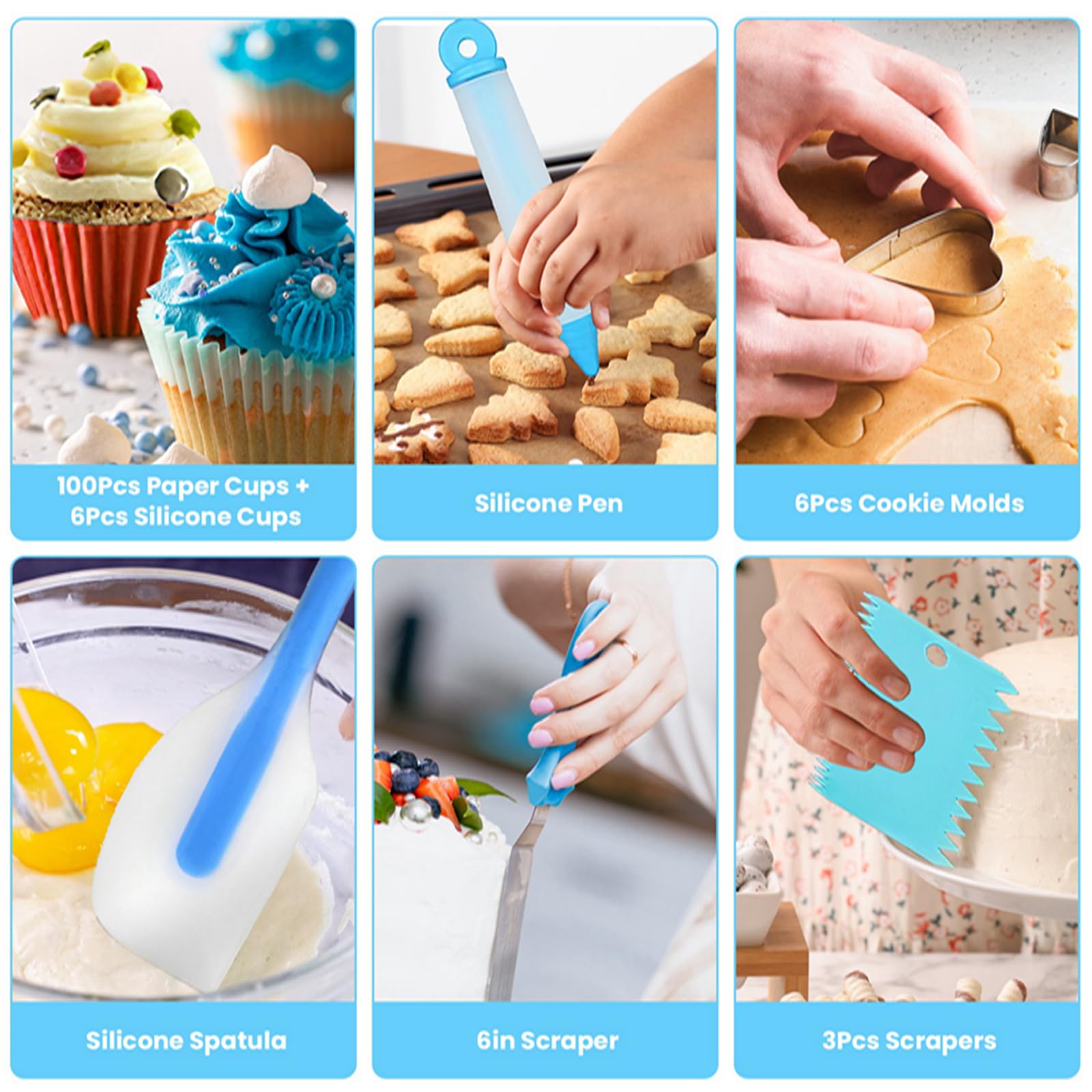 KOCASO 236-teiliges Kuchendekorationsset, Backzubehör, Kuchendekorationszubehör mit Spritztüllen, Kupplungen und Taschen, Ausstechformen und mehr, Backzubehör, Backförmchen, Schaber