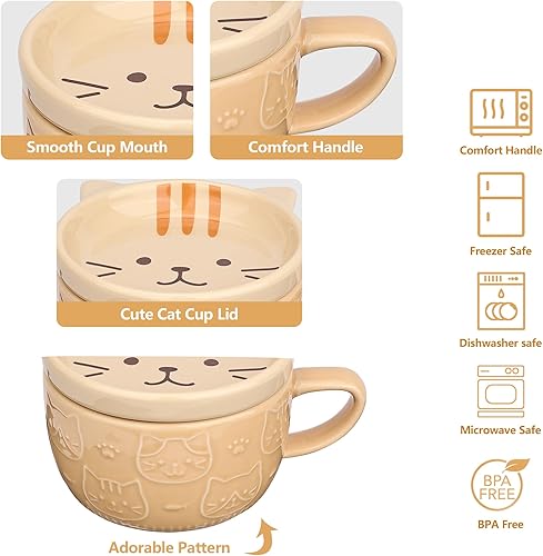 Miniatura 4 de Bonita taza de café de cerámica con tapa, tazas de café Kawaii o tazas de té para los amantes de los gatos, divertidas tazas de desayuno para