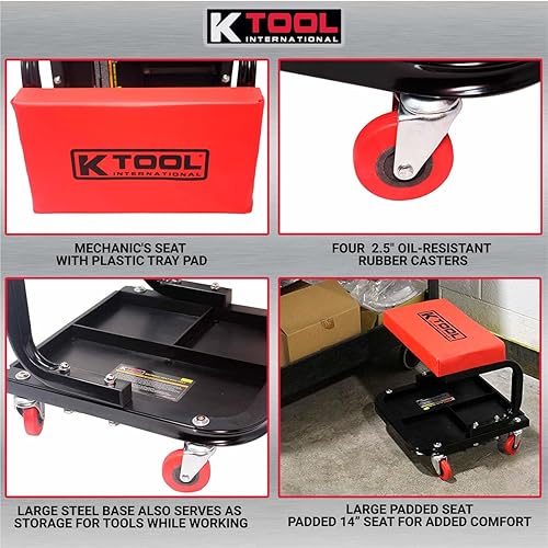 Miniatura 6 de K Tool International 74981 Mechanics - Asiento enredadera con almacenamiento de herramientas para garajes, talleres de reparación y bricolaje,