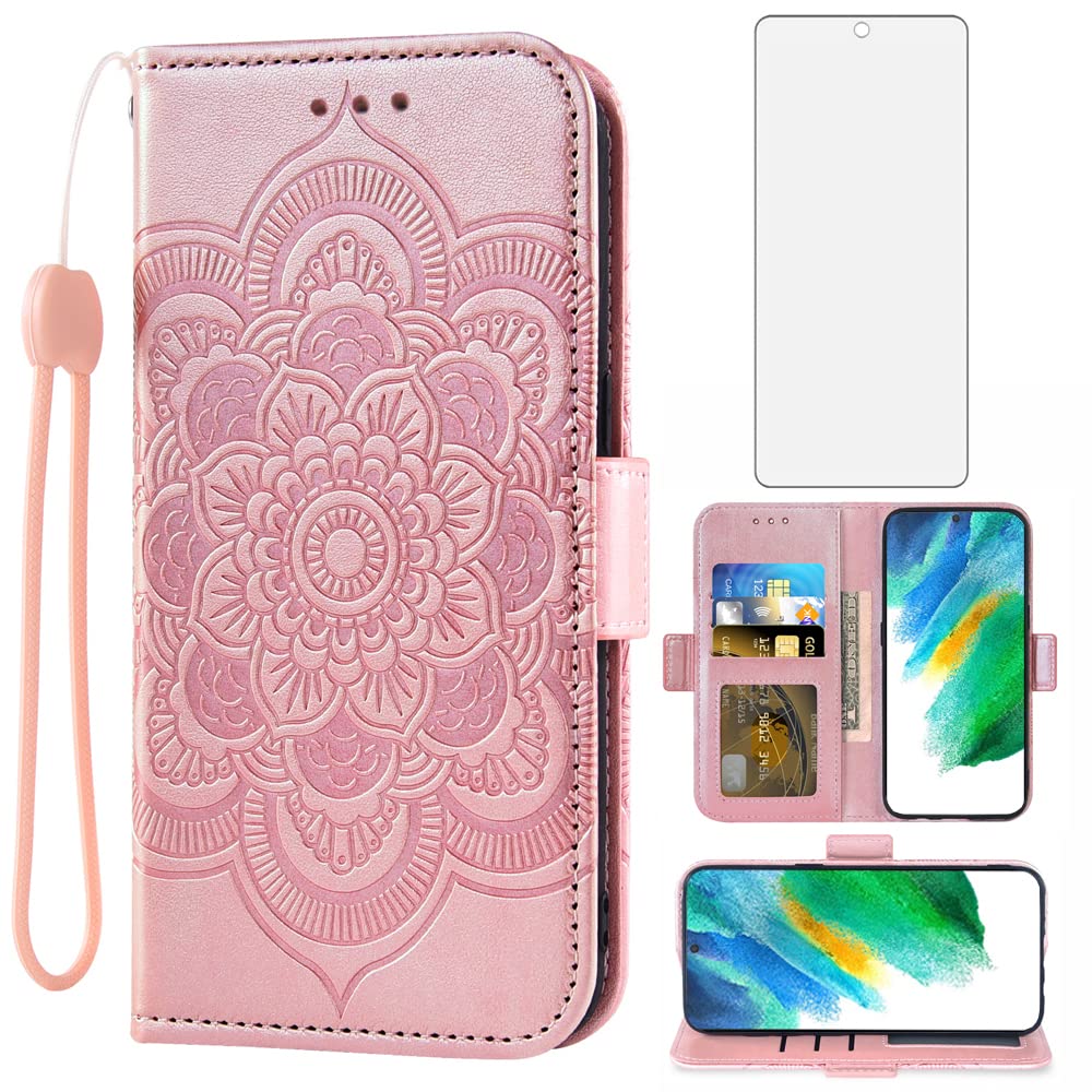 Compatible with Samsung Galaxy S21 FE Gaxaly S 21 FE 5G Wallet Case and Tempered Glass Screen Protector Flip Cover Card Holder Stand Cell Phone Cases for Glaxay S21FE5G UW S21FE 21S G5 Women Rose Gold