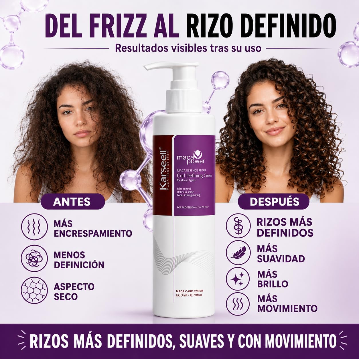 Karseell MACA CARE SYSTEM Crema Definidora de Rizos con Aceite de Argán Colágeno Coco Jojoba Hidratante Nutritiva Reparadora Antiencrespado Antifrizz Cabello Rizado Seco Dañado Brillo Suavidad 200ml