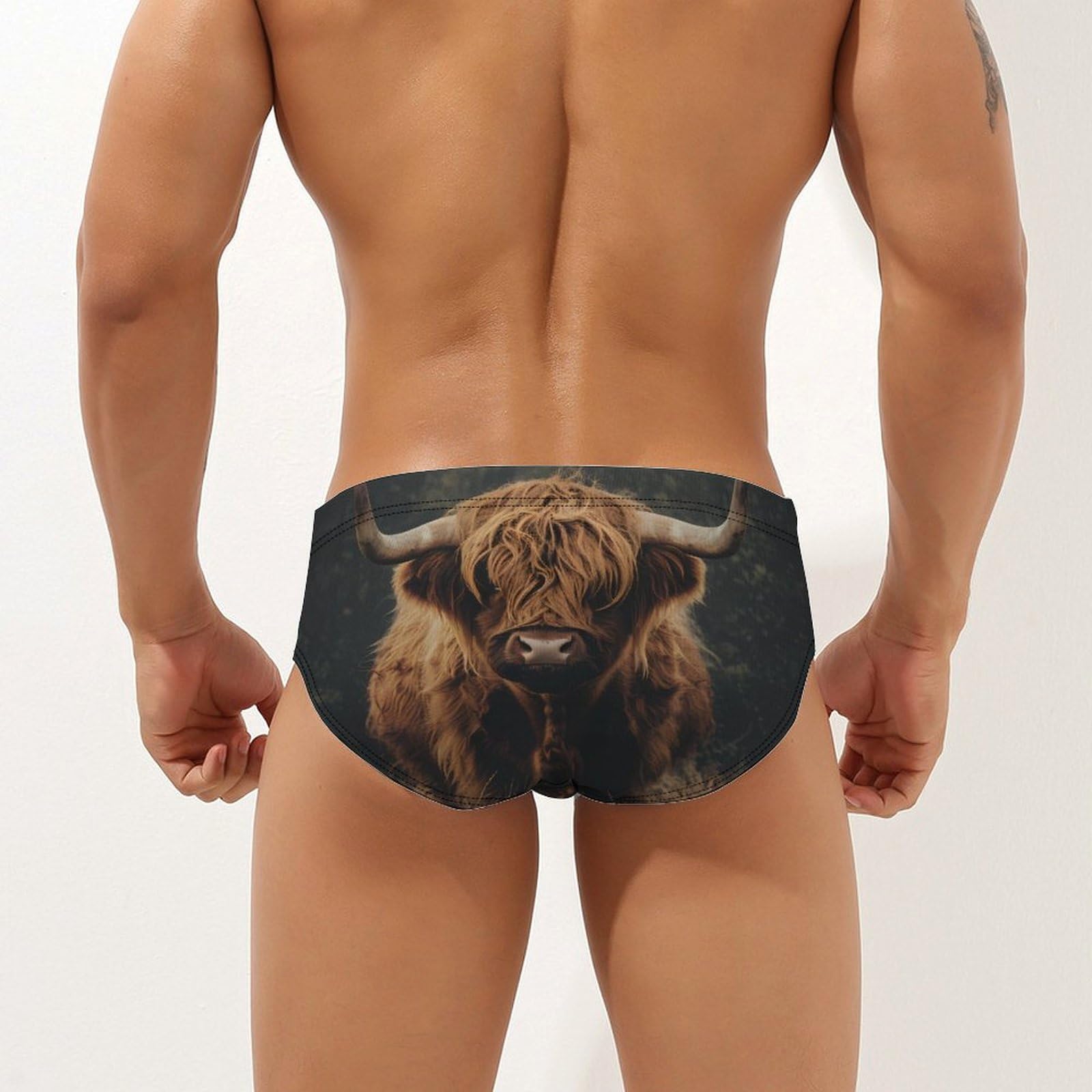 Highland Cow Mens Swim Briefs Bikini Swimwear Print Beach Shorts Sexy Swimsuit M