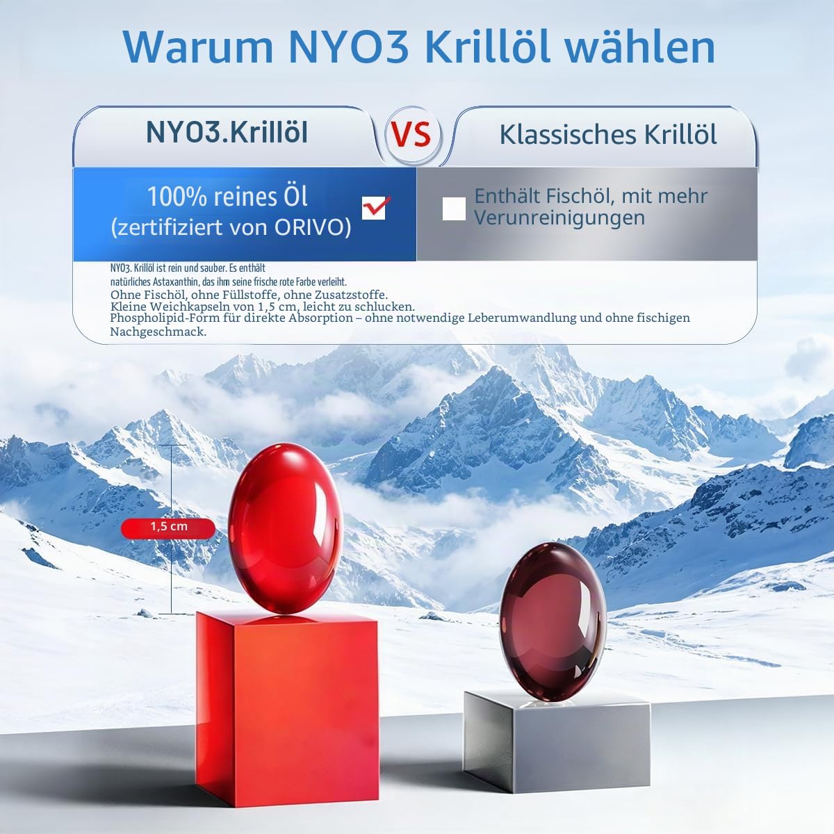 NYO3 Krillöl 1000mg Omega-3 EPA & DHA, reines antarktisches Krillöl mit Astaxanthin, unterstützt Gehirn, Haut und Immunsystem, maximale Stärke, labortestet, kein Nachgeschmack,90 Weichkapseln