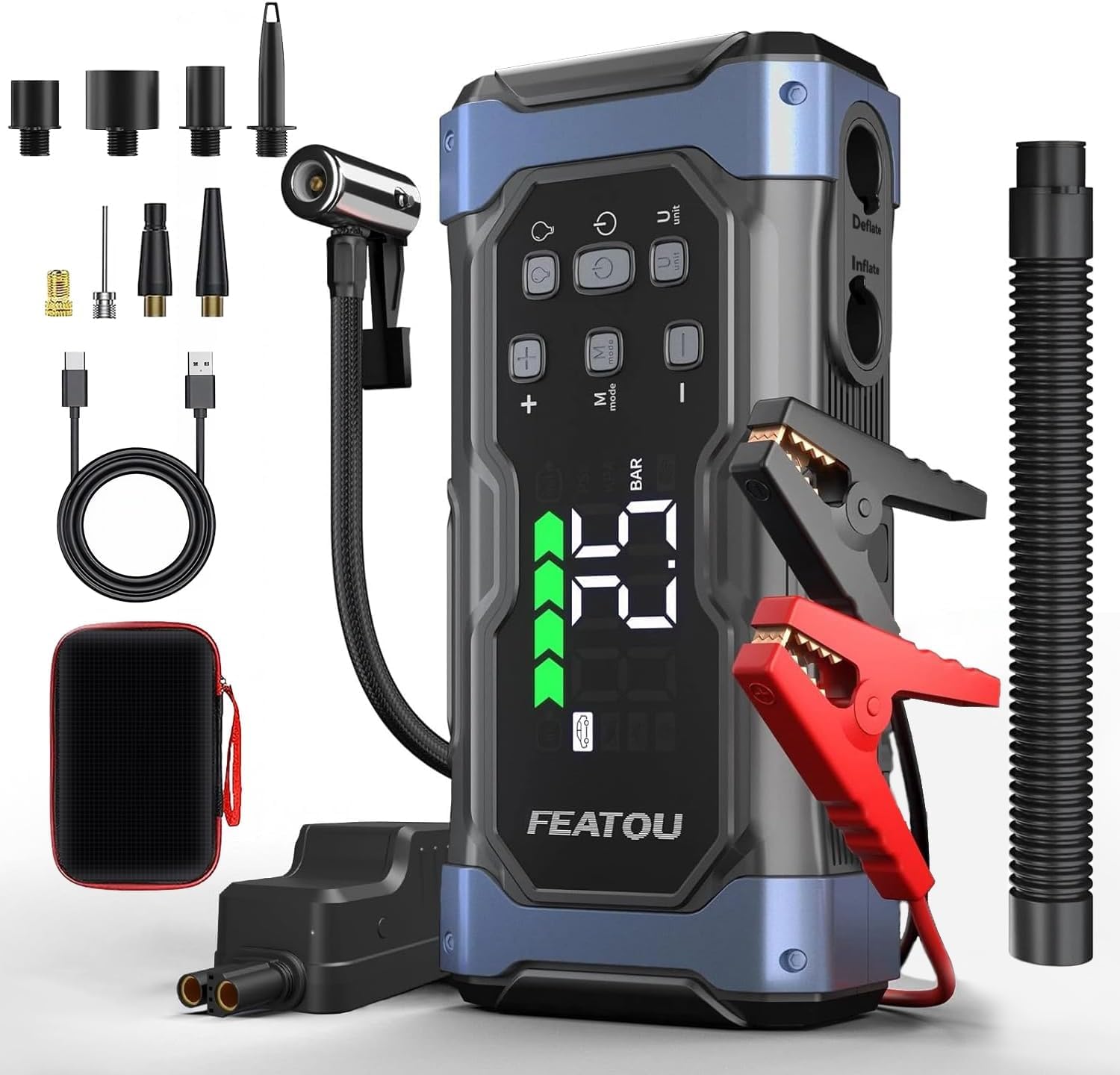 FEATOU 6000A Car Battery Starter with Compressor of 150 PSI, Portable Car Battery Charger 12V (Gasoline/12 L Diesel Engine) – Includes Emergency Cables and Tire Inflator