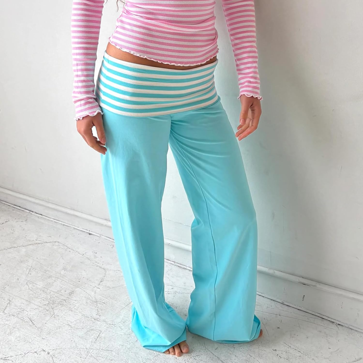 Women's Striped Wide Leg Pants Y2k Fold Over Low Rise Yoga Pant Stretchy Loose Workout Sweatpants Streetwear - Image 3