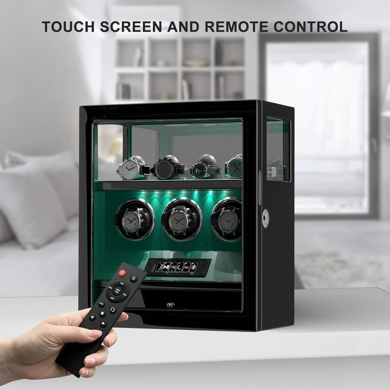 Image of a hand holding the remote control, pointing it towards the DUKWIN watch winder, which is displaying watches and illuminated by internal lights.
