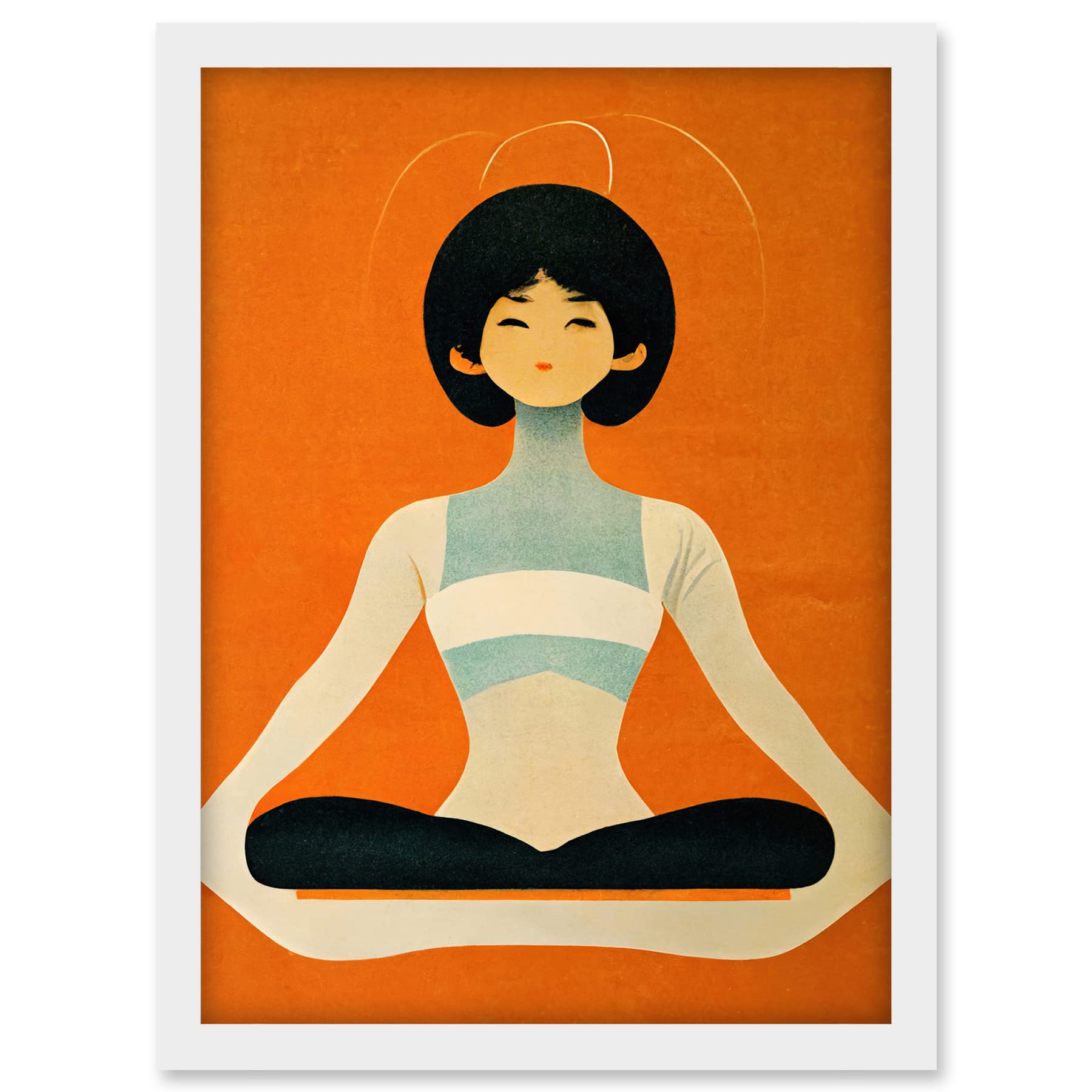 Doppelganger33 LTD Peaceful Japanese Woman In Yoga Pose Orange Black Quirky Artwork Framed A3 Wall Art Print
