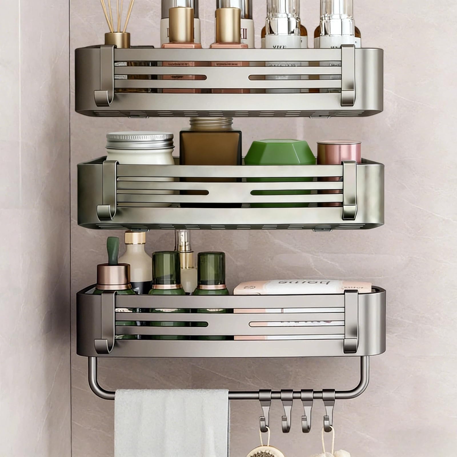 YAFAOCE 3Pcs Corner Shower Shelf Caddy Suction Cup No Drill Hole with Towel Bar and Hook Gray Bathroom