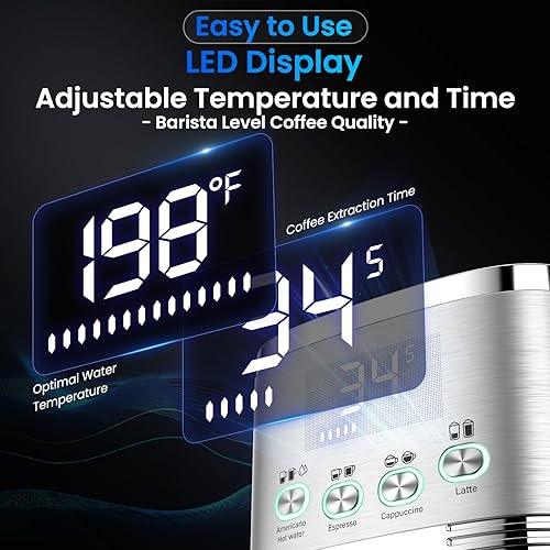 Miniatura 2 de Máquina de café expreso de 20 bares, temperatura y tiempo, pantalla LED, máquina de café espresso con espumador de leche automático ajustable sin