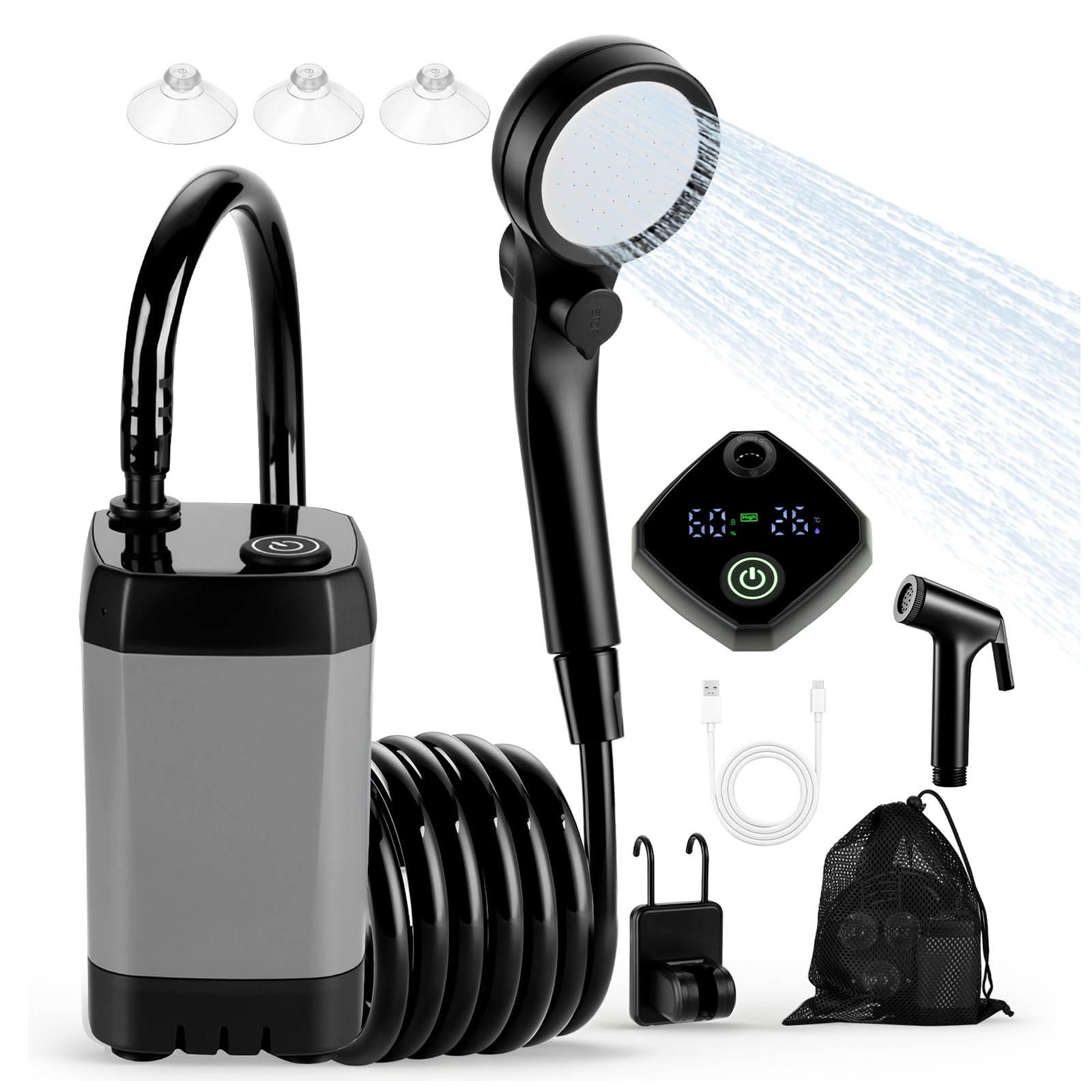 Douche portable pour camping, pompe de douche rechargeable (6000 mAh-IPX7 étanche) avec pommeau de douche, buse de pulvérisation, tuyau de 2 m et crochet, équipement de douche de camping en plein air
