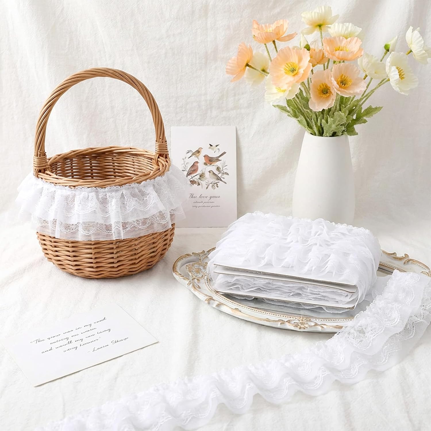 5 Yards White Double Layer Pleated Elastic Lace Ruffle Fabric Polyester Gauze Lace Ribbon for Sewing, DIY Crafts, Clothing, Pillowcases