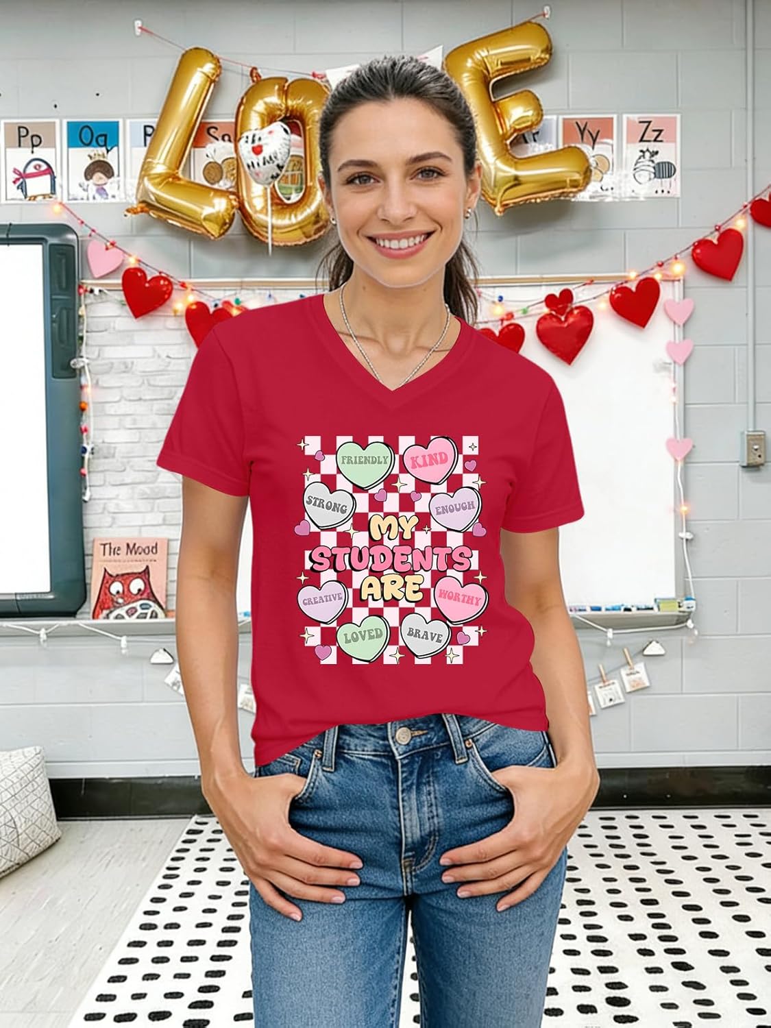 Teacher Valentines Day Shirt V Neck Candy Heart Shirts Valentine Gifts Short Sleeve Tee Tops - Image 6