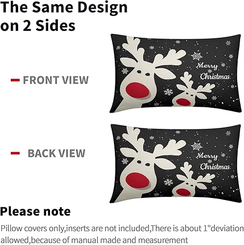 Miniatura 4 de Juego de 2 fundas de almohada lumbar de 12 x 20 pulgadas, diseño de reno de copo de nieve negro con diseño de ciervo de Navidad, para decoración del