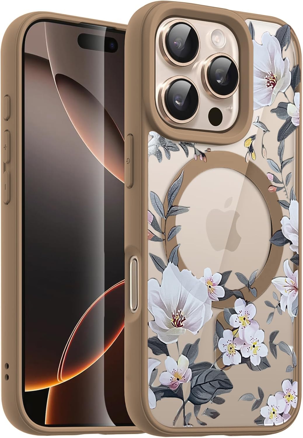 VONZEE Compatible with iPhone 16 Pro Max Case Luxury Retro Flowers Floral Clear for Magnetic Wireless Charging Case Shockproof Case PC+TPU Cute Glossy Shiny Cover for Girls Women,6.9''Dessert Titanium