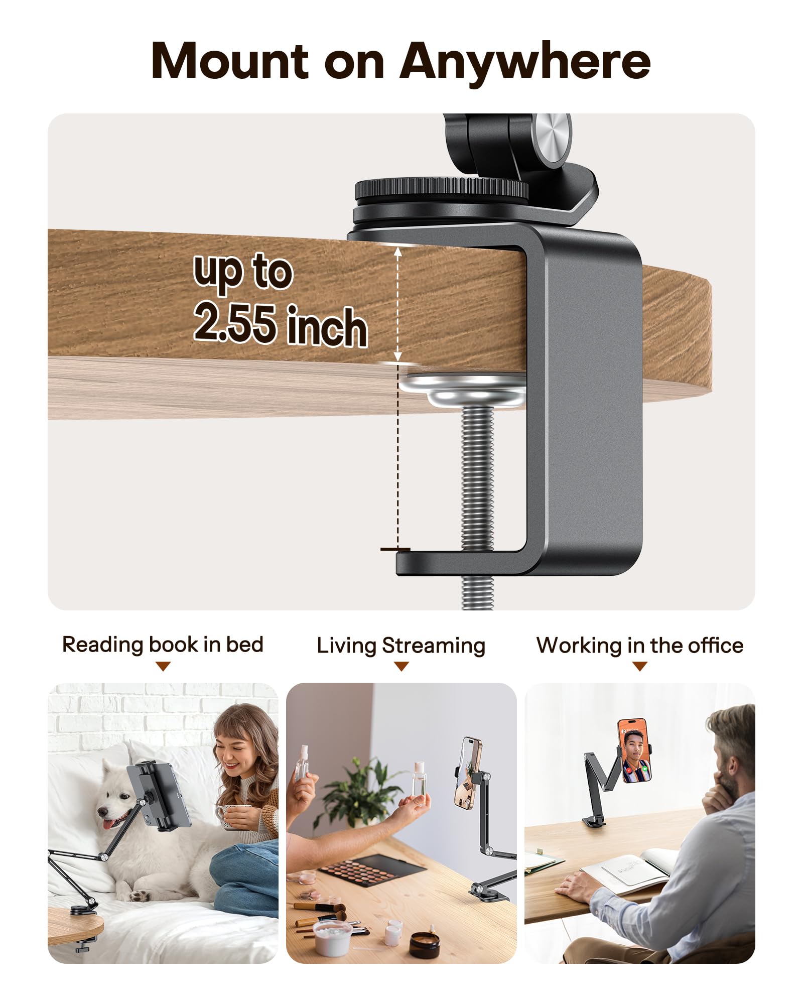 OMOTON Supporto per tablet in alluminio per scrivania, girevole a 360° per iPad, supporto regolabile per telefono da letto con braccio stabile, adatto per tutti gli iPhone/tablet fino a 12", Nero