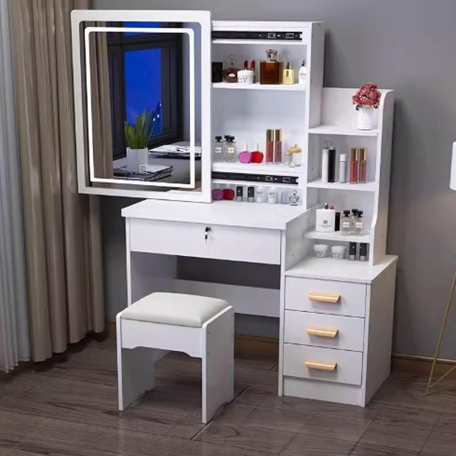 GUQASDV Make up Vanity with Chair, Makeup Vanity Desk, Vanity Set with Mirror, Makeup Desk with Drawers Engineered Wood for Home, Makeup Studio(White,LED mirror) GUQASDV Make up Vanity with Chair, Makeup Vanity Desk, Vanity Set with Mirror, Makeup Desk with Drawers Engineered Wood for Home, Makeup Studio(White,LED mirror)