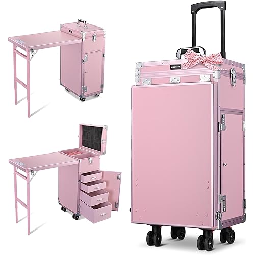 BYOOTIQUE Pink Rolling Manicure Table with Storage Rolling Makeup Case with 4 Drawers Handle Foldable Beauty Salon Makeup Station for Nail Teach Makeup Artist Manicurist Hairstylist Barbershop