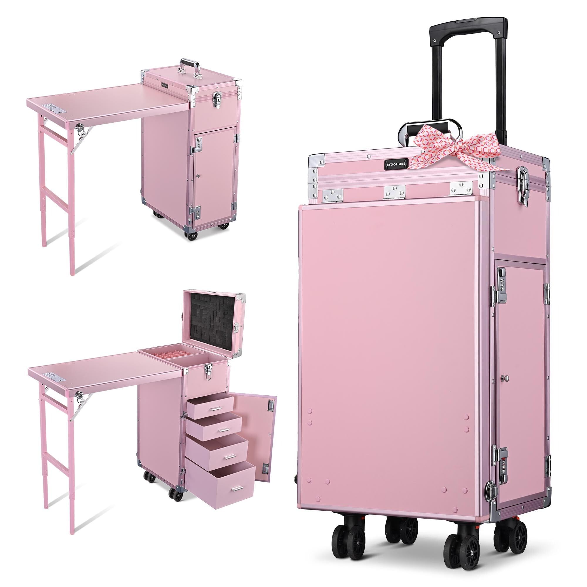 BYOOTIQUE Pink Rolling Manicure Table with Storage Rolling Makeup Case with 4 Drawers Handle Foldable Beauty Salon Makeup Station for Nail Teach