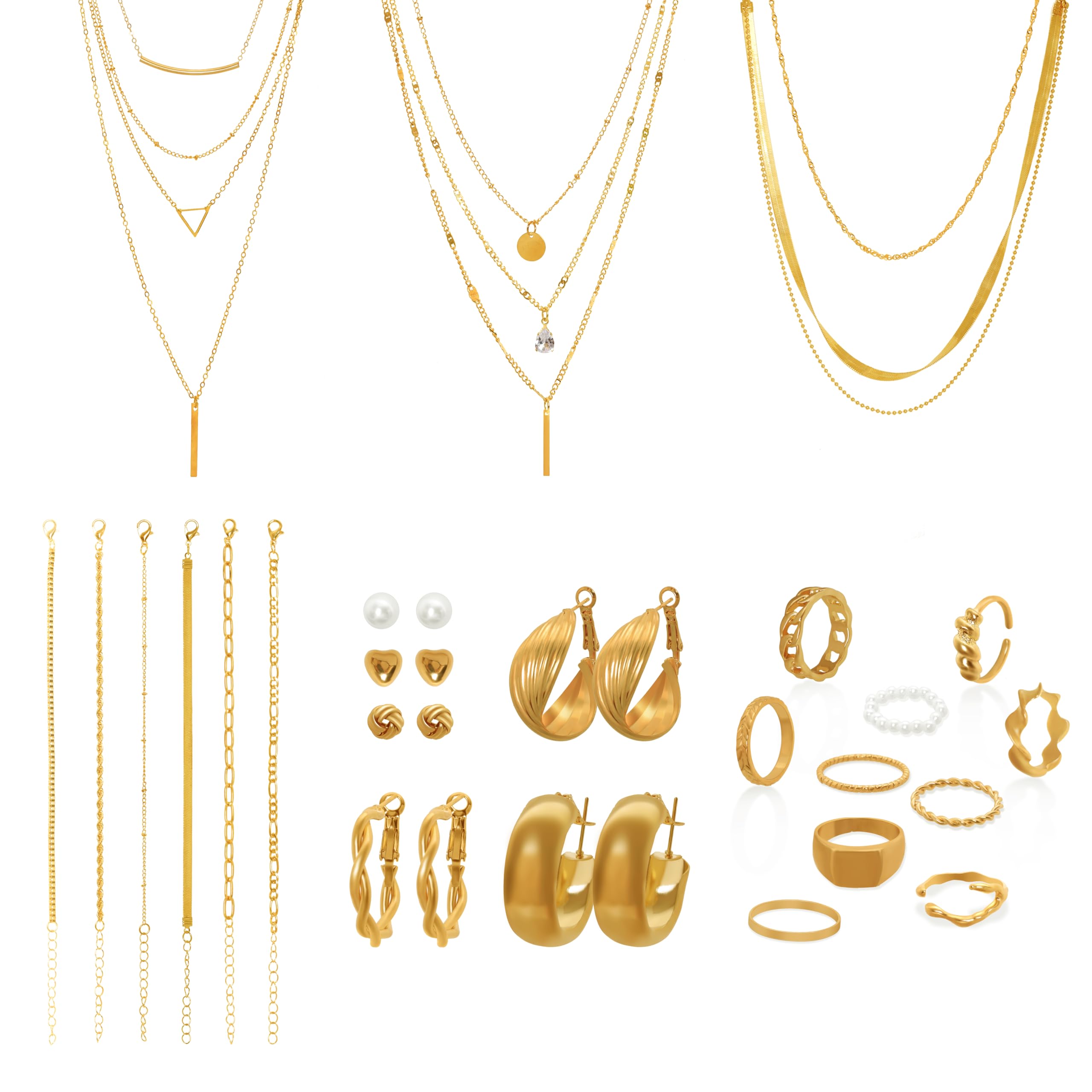 Conjunto de joyería de oro Fumwase para mujeres, joyería de disfraz de  moda, collares de varias capas, pulseras apilables, aretes de aro, anillos  de