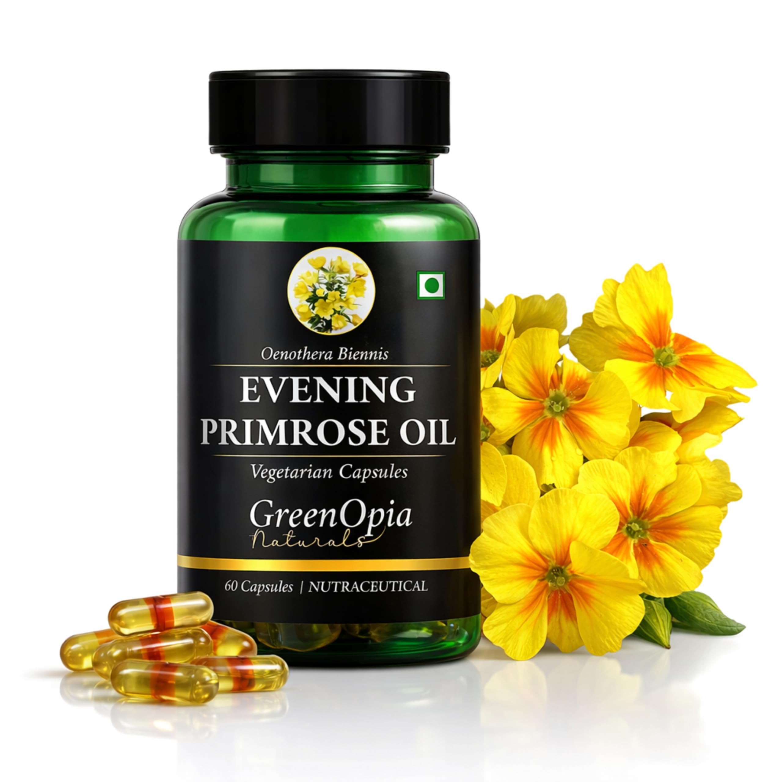 GreenOpia Evening Primrose Oil | 500mg | 60 Veg Capsules | Women Wellness | Supports Women Wellness, Hormonal Balance, PMS & Menopause Comfort, Skin & Immunity Care