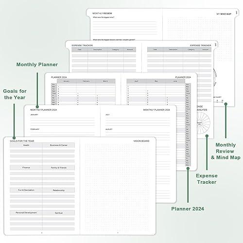 Miniatura 5 de Ospelelf Agenda semanal y mensual de cuero verde 2024, 8.5 x 11 pulgadas, calendarios 2024, agenda de 12 meses, con calcomanías, bolsillo trasero,