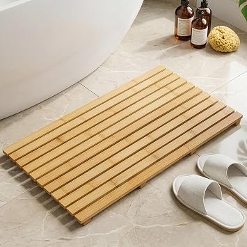 Premium Bamboo Shower Mat 60 35cm, Large Anti-Slip Wooden Bath Mat with Rubber Feet, Quick-Dry Eco-Friendly Shower Mat for Bathroom, Spa, Sauna & Poolside