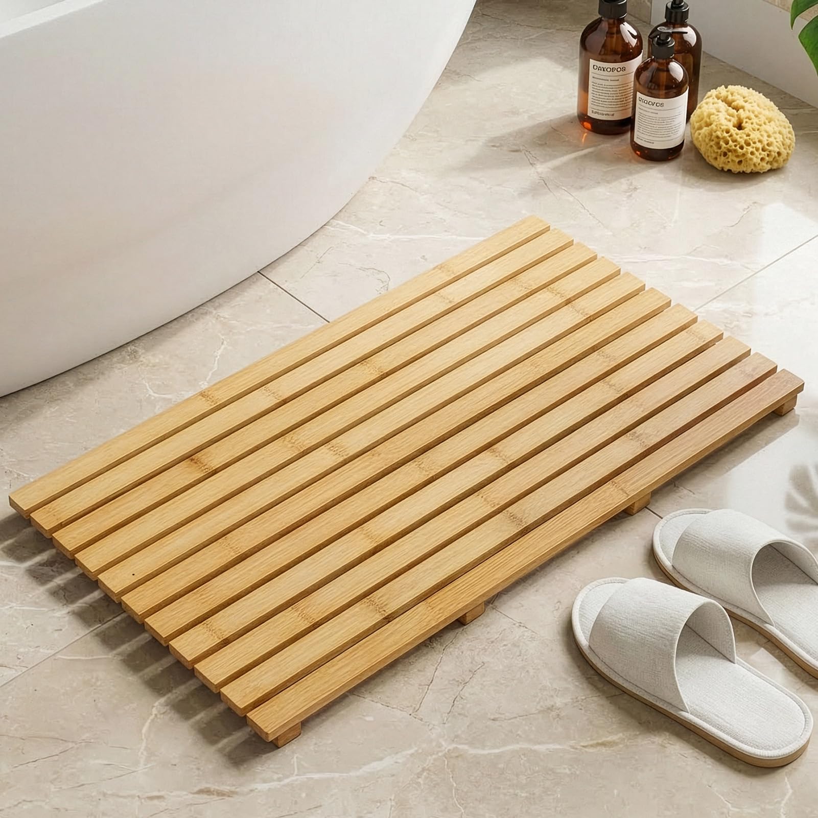 FERNVALE Premium Bamboo Bath Mat, Large 60×35cm Wooden Shower Mat with Anti-Slip Rubber Feet for Bathroom, Spa, Pool & Sauna – Quick Dry Indoor & Outdoor Shower Accessory