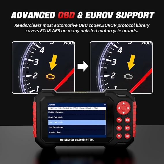 Motorcycle Scanner Motorcycle Diagnostic Tool, Motorcycle OBDII Code Reader with Auto Scan Instant Detection for Honda Kawasaki Yamaha Harley 70+Brands 100 Service Functions