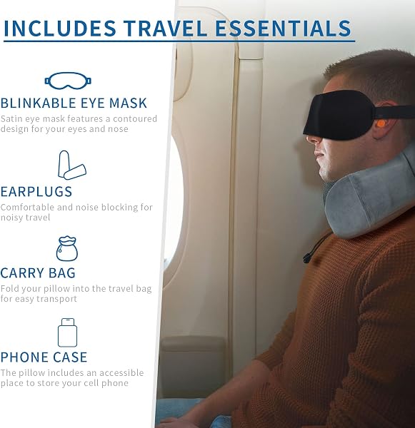 Almohada de Viaje para Cuello, Almohada Cervical para Oficina Avión Tren Coche Viajando, Almohada Cuello Viscoelastica de Espuma Memoria, Cojin de Viaje Cuello con Máscara de Ojos, Tapones y Bolsa - 2