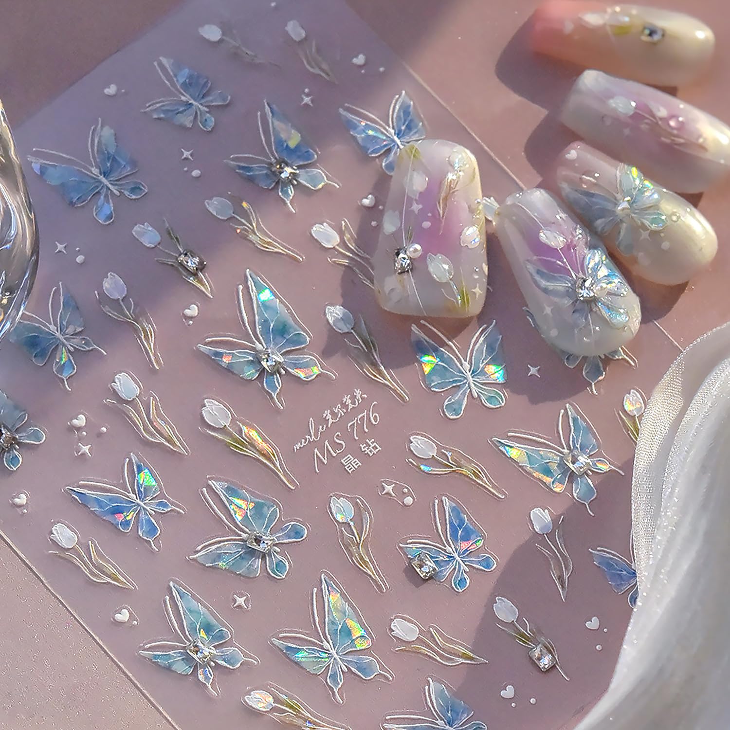 5D Embossed Blue Butterfly Nail Art Stickers with Silver Glitter Rhinestones Nail Decals Design Laser Flower Nail Stickers Spring Summer Nail Design