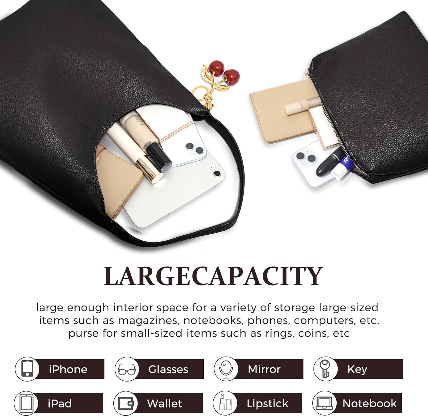 Slouchy Bags for Women, Large Leather Hobo Bags, Tote Purse Shoulder Handbags with Cherry Charm for Travel Work - Image 6