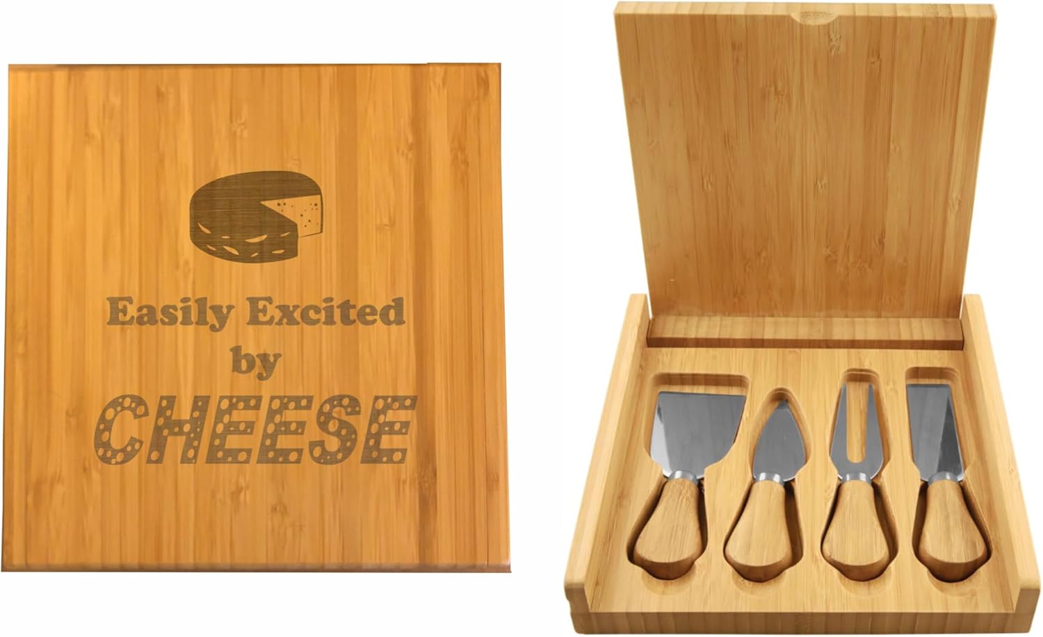 Funny Gifts For Cheese Lovers Easily Excited by Cheese Engraved Bamboo Case with Cheese Tool Set