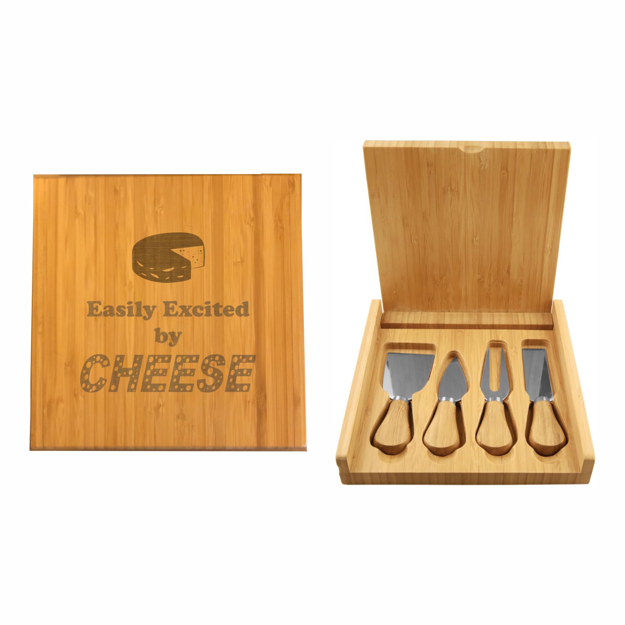 Funny Gifts For Cheese Lovers Easily Excited by Cheese Engraved Bamboo Case with Cheese Tool Set