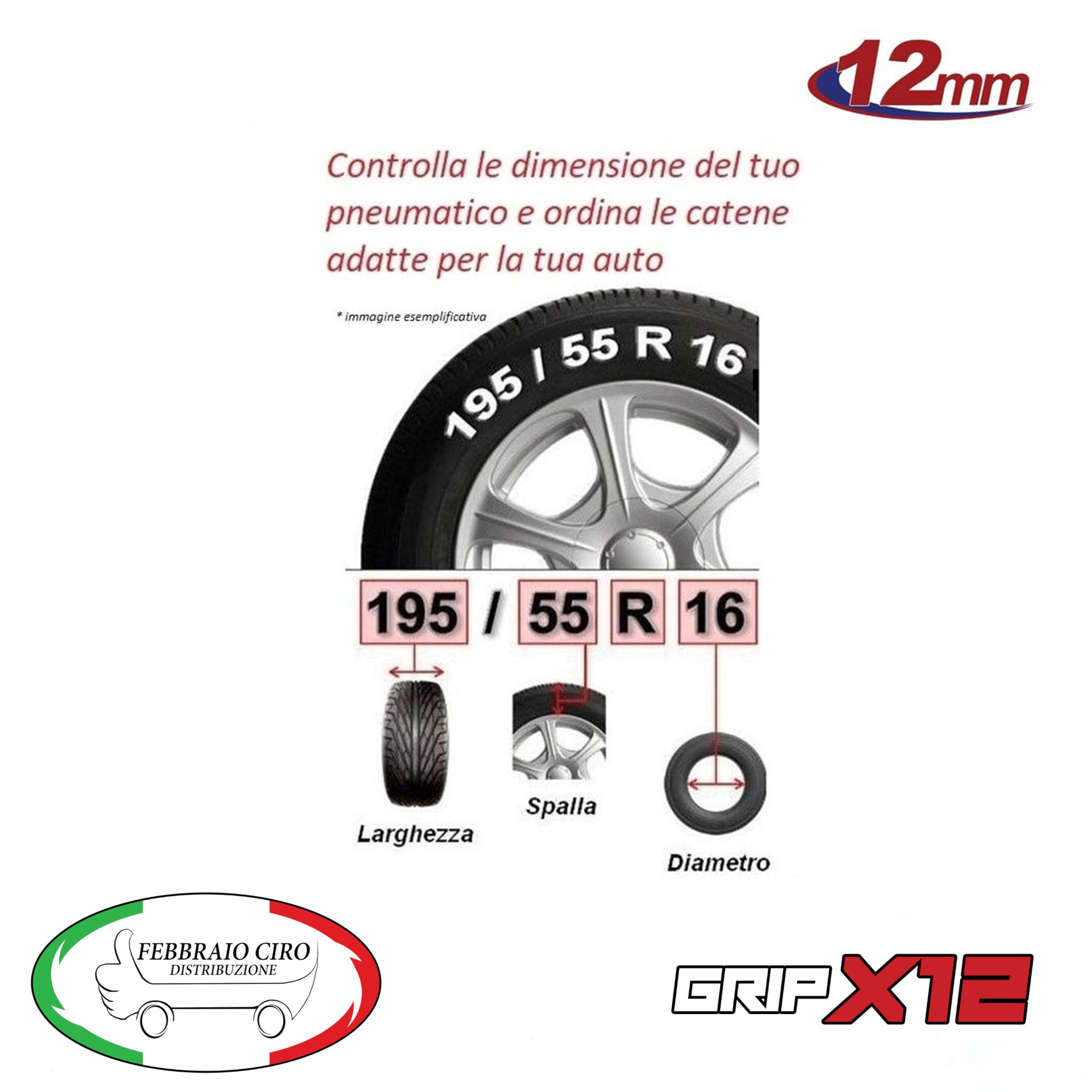 GRIPX12 - Catene da Neve 12mm | Montaggio Facile con Tensore Auto-bloccante | Omologate TÜV e GS | Compatibile con Varie Misure di Pneumatici, 12 MM Gruppo 95, Lega di Acciaio