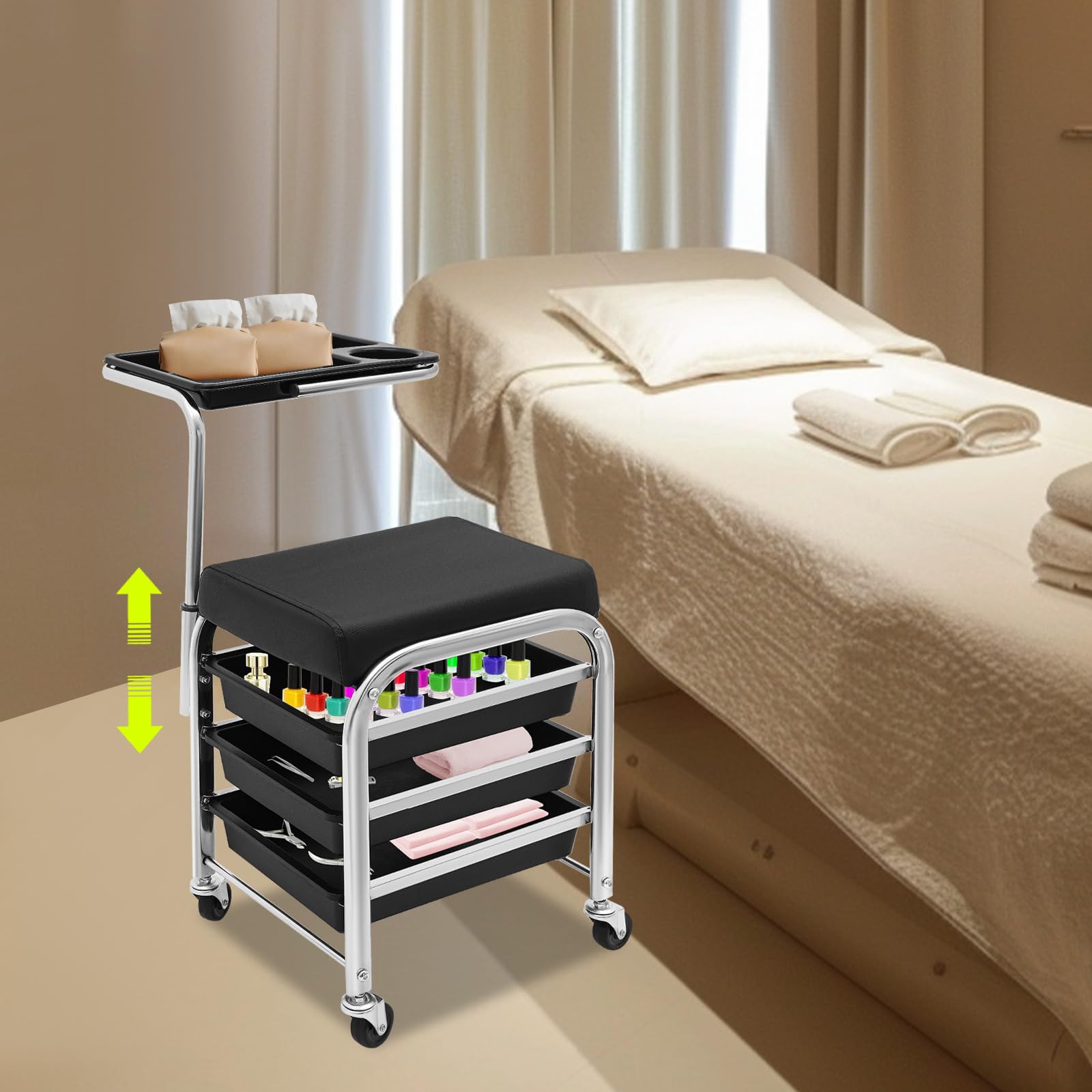 Carrito de peluquería, carrito de salón de 3 niveles con 4 ruedas, altura ajustable 53-77 cm, carrito de manicura para el cuidado de la belleza (negro) - 5